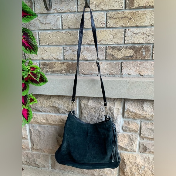 Bohemian SIMONS Nubuck Suede Pebbled Leather Black Hobo Slouchy Cross Body Purse - Picture 12 of 16